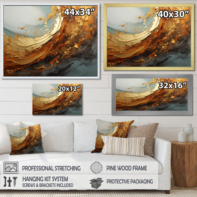«Gold Teal», impression sur toile, spirales abstraites, Cadre flottant noir, H 30 po x l 40 po x P 1,5 po
