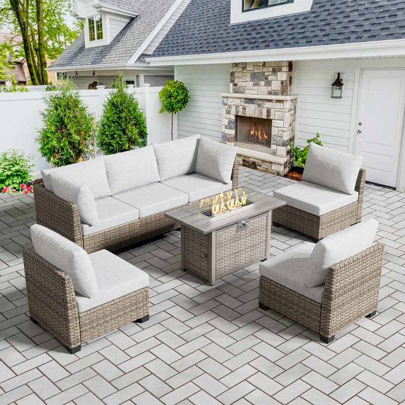 Jeanan Wicker 6 - Person Modular Patio Conversation Sets with Cushions, Light Brown