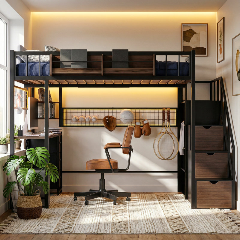 Loft Bed with Built-in Desk, Stairs and Wardrobe, Space-Saving Metal Frame with Charging Station, LED Lights and Storage for Adults