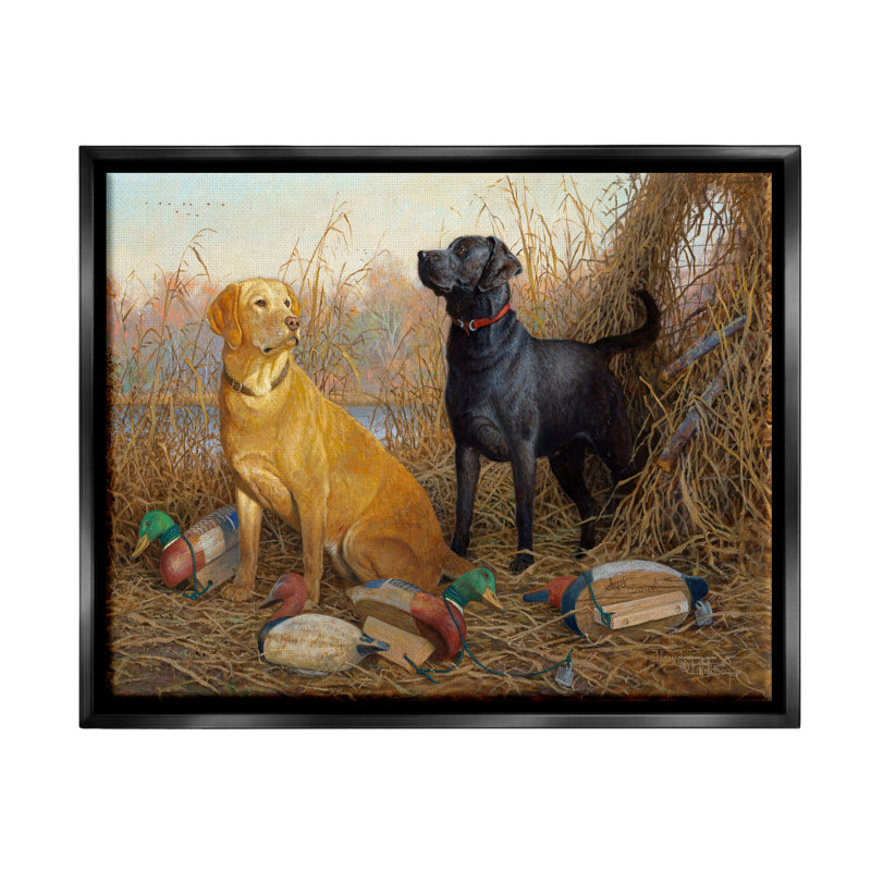 «Hunting Dogs With Decoys», peinture sur toile par Hayden Lambson, Cadre flottant noir de jais, H 25 po x l 31 po x P 1,7 po