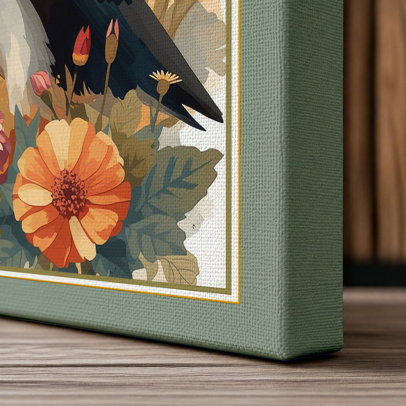 Puffin Among Flowers Botanical - Wrapped Canvas, 36x24 - 91.4 x 61.0 cm, Sage Border