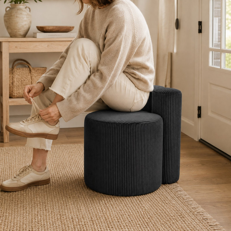 Pouf rond moderne en velours côtelé de 22,8 pouces pour salon, Velours côtelé, Noir
