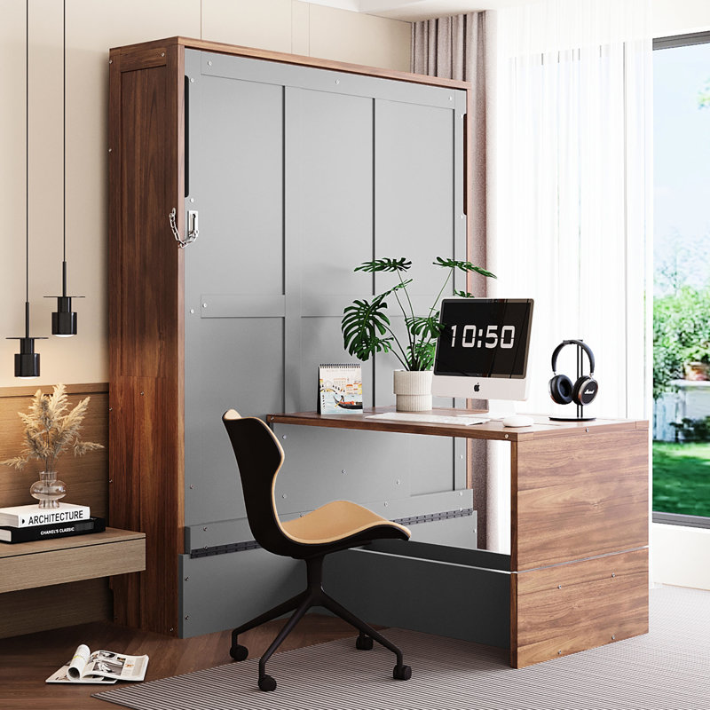 Murphy Bed With Foldable Desk, Gray/Walnut