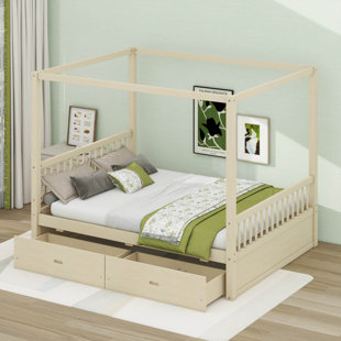 Canopy Bed With Storage Drawers & Headboard & Footboard,Wooden Four-Poster Platform Bed Frame