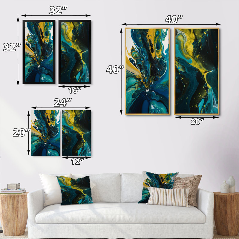 «Teal and Yellow Liquide Dreams», 2 pièces sur toile, Cadre noir, H 32 po x l 32 po