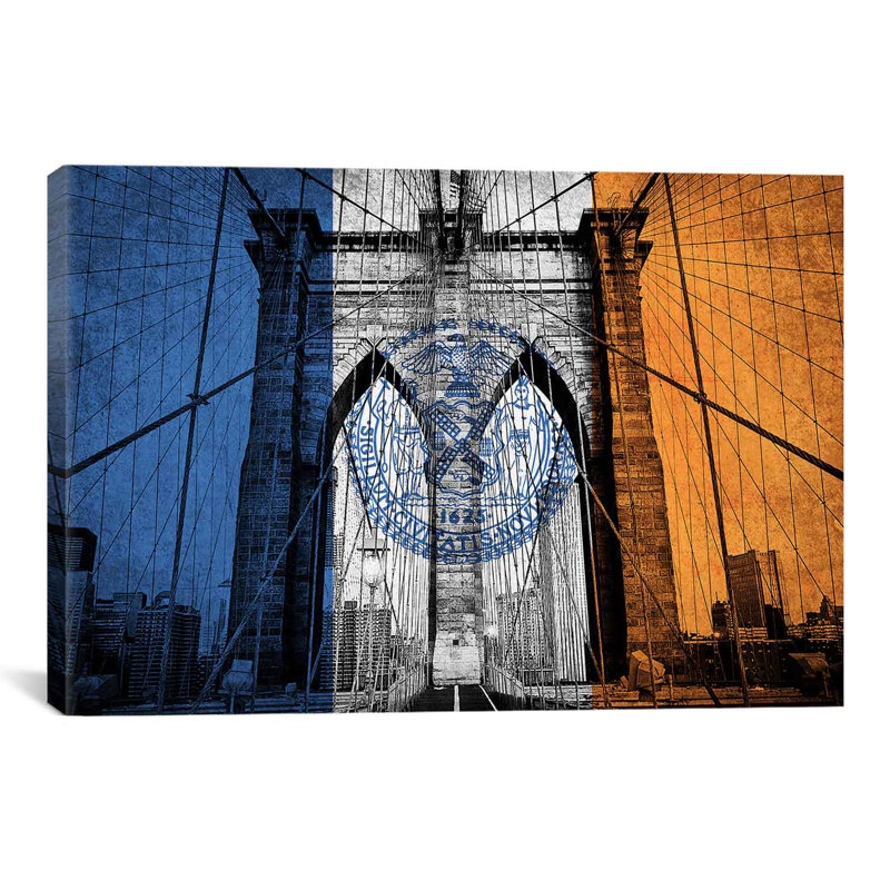 « flags new york brooklyn bridge », impression sur toile, H 24 po x l 32 po x P 1 po, Papier d'art encadré noir, Blanc