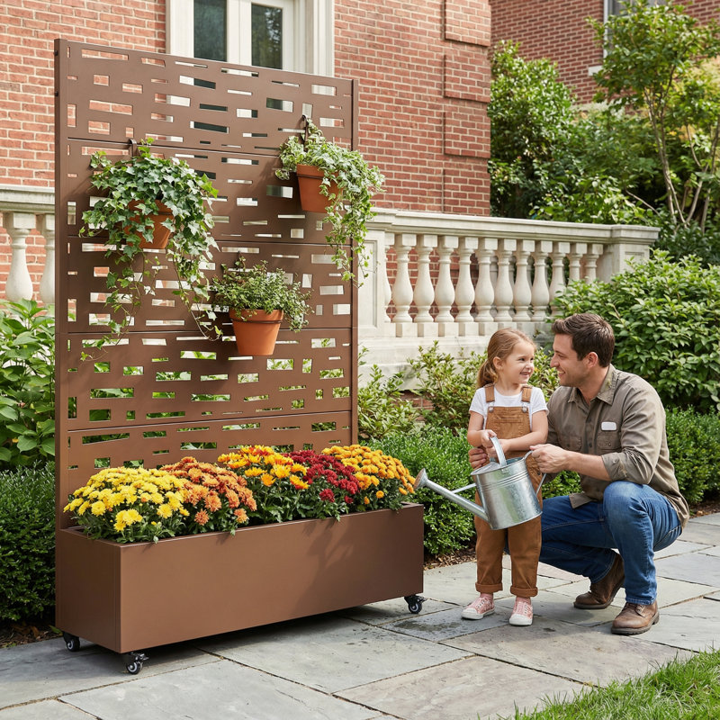 Metal Planter Box with Trellis with Wheels, 72" H x 47" W x 16" D, Brown