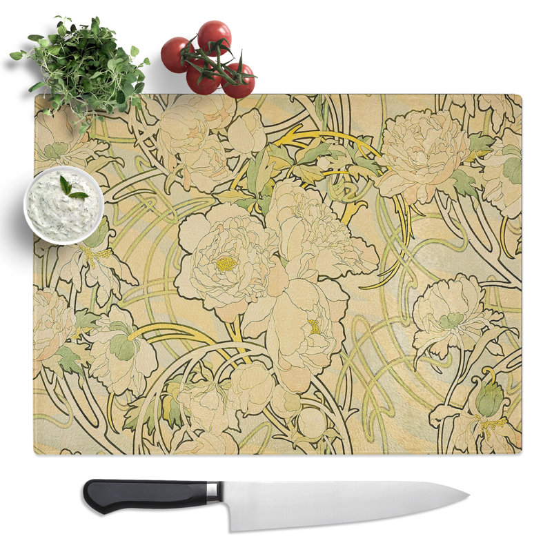 Peonies By Alphonse Mucha  Glass Chopping Board
