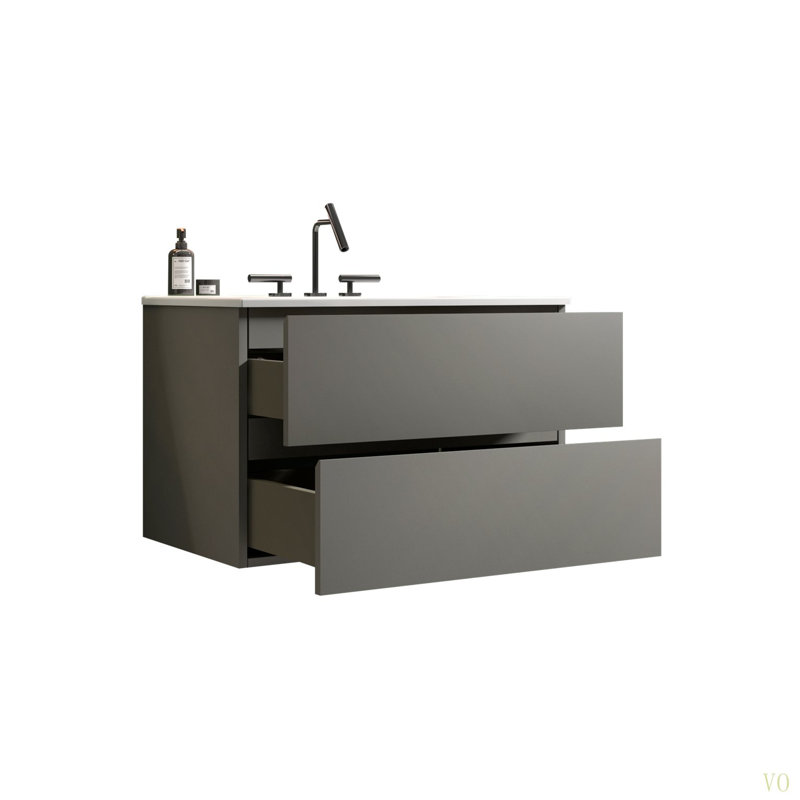 Meuble-lavabo mural de 30 po avec lavabo en céramique avec trois trous de robinet, grand meuble-lavabo flottant de rangement pour salle de bain moderne, pré-assemblé