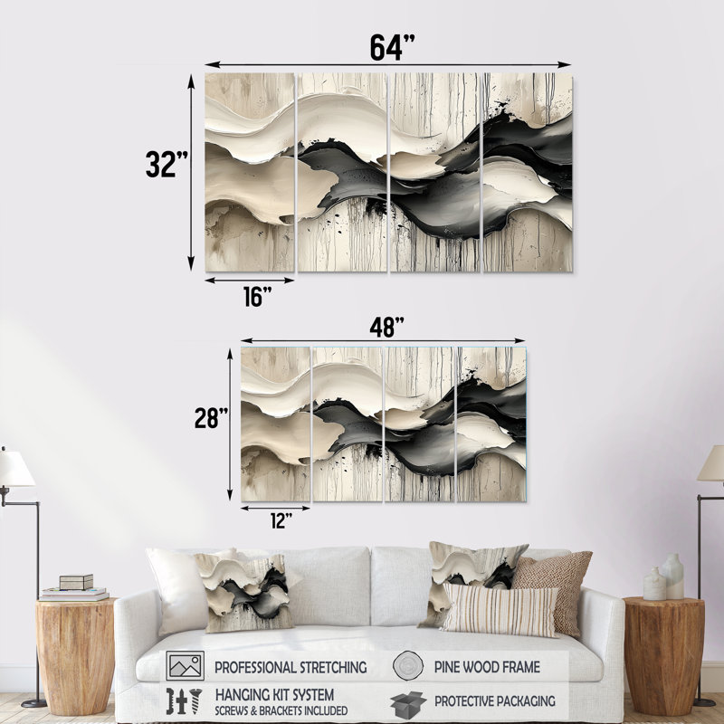 Gris sur blanc bruine rythmique, rivière à encre II - art mural vagues - décoration murale moderne, H 32 po x l 64 po, 4