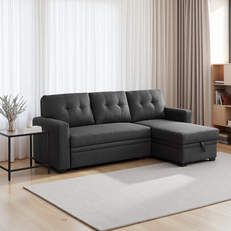 Canapé modulaire convertible rembourré avec méridienne coulissante, Lin gris foncé