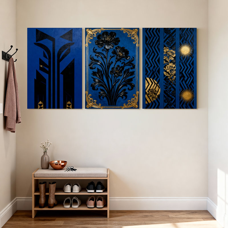 Abstrait bleu, noir, or, motif géométrique floral, ensemble de 3 impressions sur toile, H 18 po x l 36 po