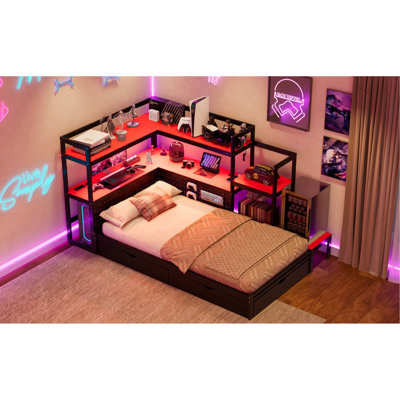 Twin Size Gaming Daybed With Integrated Desk And Led Light, Modern Wooden Bed Frame With 3 Storage Drawers And Built-In Charging Station, Multi-Functional Headboard Bookcase, Black+Red