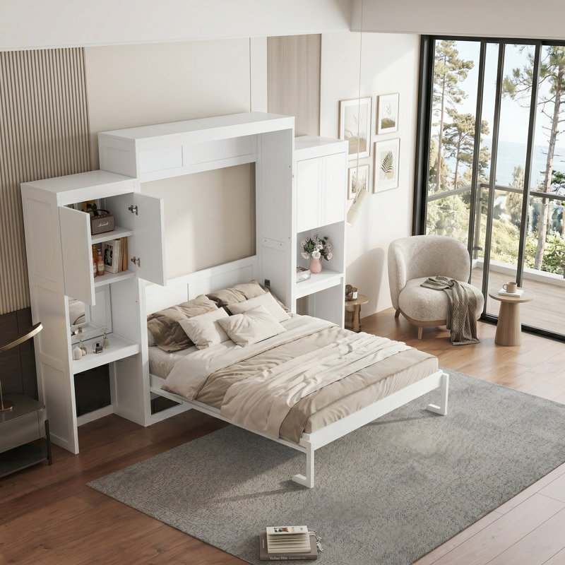 Grand lit escamotable avec bureau, meuble-lavabo rabattable et rangement pour armoire, lit mural peu encombrant, Blanc