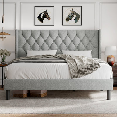 Queen Size Bed Frame With Diamond Button Tufted Wingback Headboard, Upholstered Platform Bed Frame With Strong Wood Slat Support, No Box Spring Needed, Light Grey