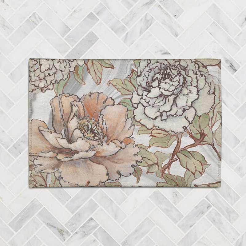 Blushing Pale Pink Peonies Chenille Floral Indoor Rug, Rectangle 5' x 7'