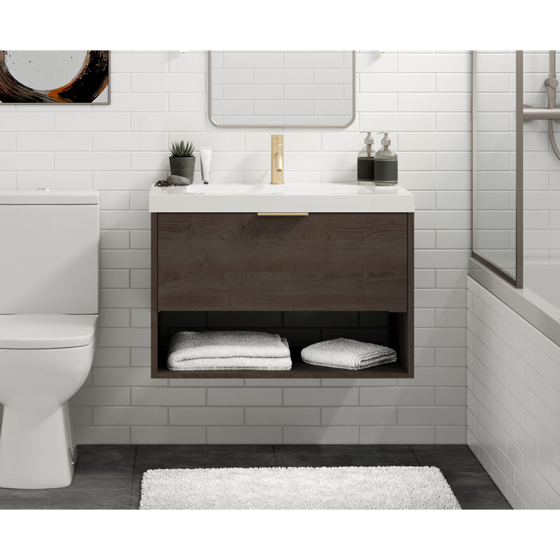 Modo 42" W Wall Mounted Single Bathroom Vanity, Satin Brass, Gloss White/8" Widespread, Nocino