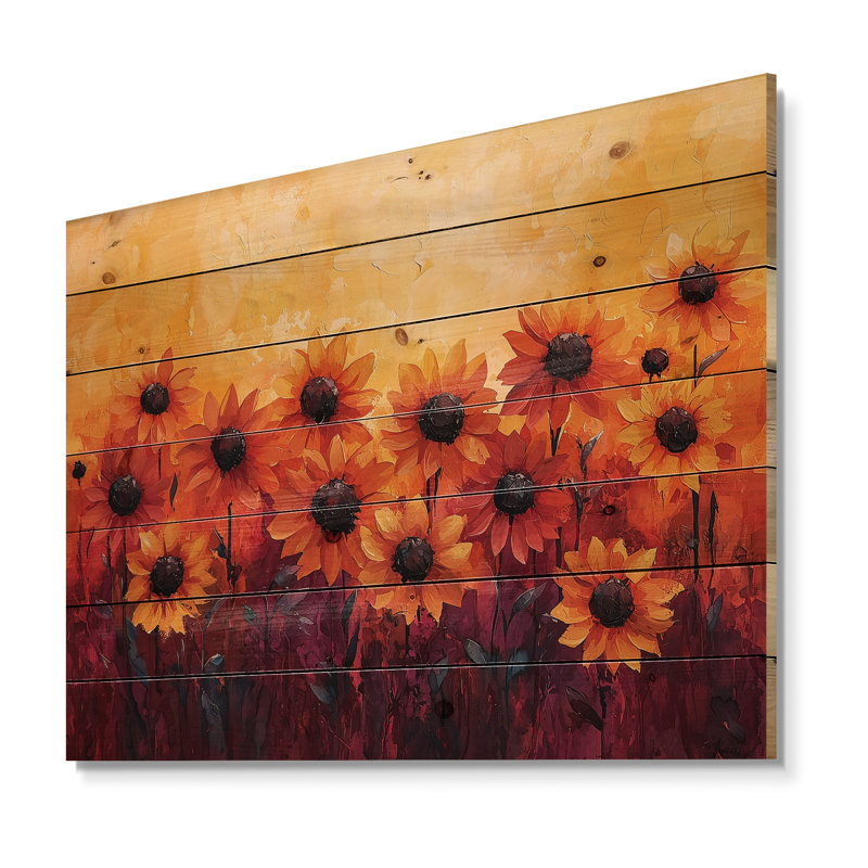 Vivid Red Sunset Hues Sunflowers Filed II - Sunflowers Wood Wall Decor - On Natural Pine Wood, 10" H x 20" W x 0.78" D