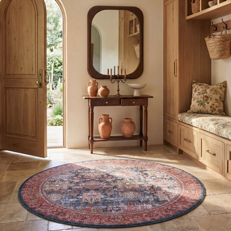 Gadbois Oriental Navy/Rust Area Rug, Round 6'