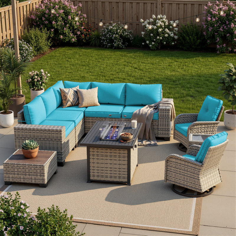 10-Piece Outdoor Patio Sectional Conversation Set With Fire Pit Table And Swivel Rocker Chairs, Turquoise Blue