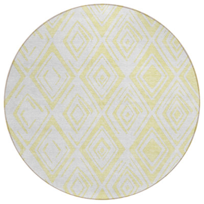 8' Yellow And Ivory Round Geometric Washable Indoor Outdoor Area Rug