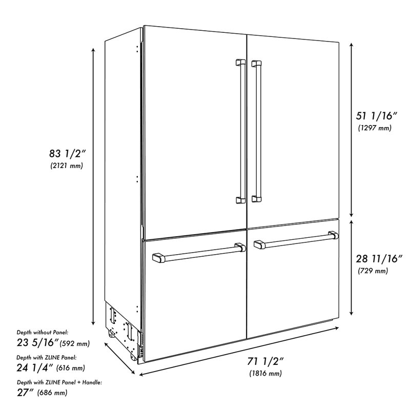 ZLINE Autograph 72 in. Black Steel Built-In Refrigerator w/ Gray Interior & Bronze Helix Handles, Champagne Bronze