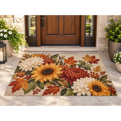 5' x 7' Outdoor Area Rug Fall Sunflower Chrysanthemum Botanical Heavyweight Waterproof PVC Coil Loop Carpet, Heavy Duty Patio Rug, Quick Dry Indoor Outdoor Mat for Large Doormat Porch Deck Entryway