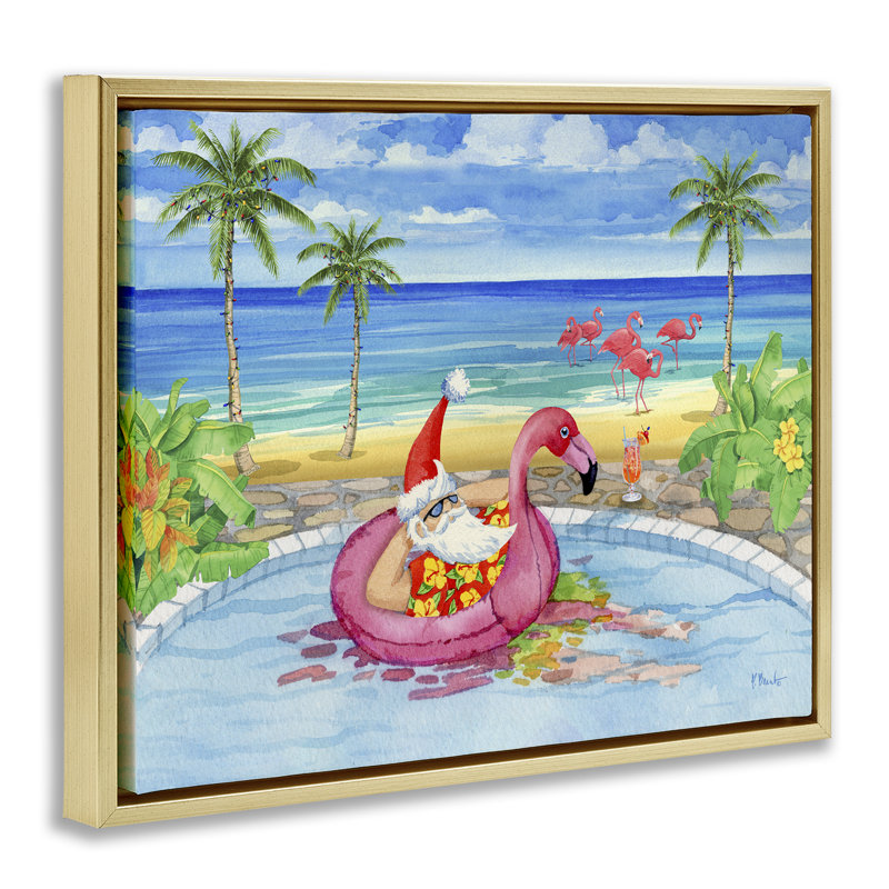 «Santa with Pool Float» par Paul Brent, H 25 po x l 31 po, Cadre flottant métallique doré