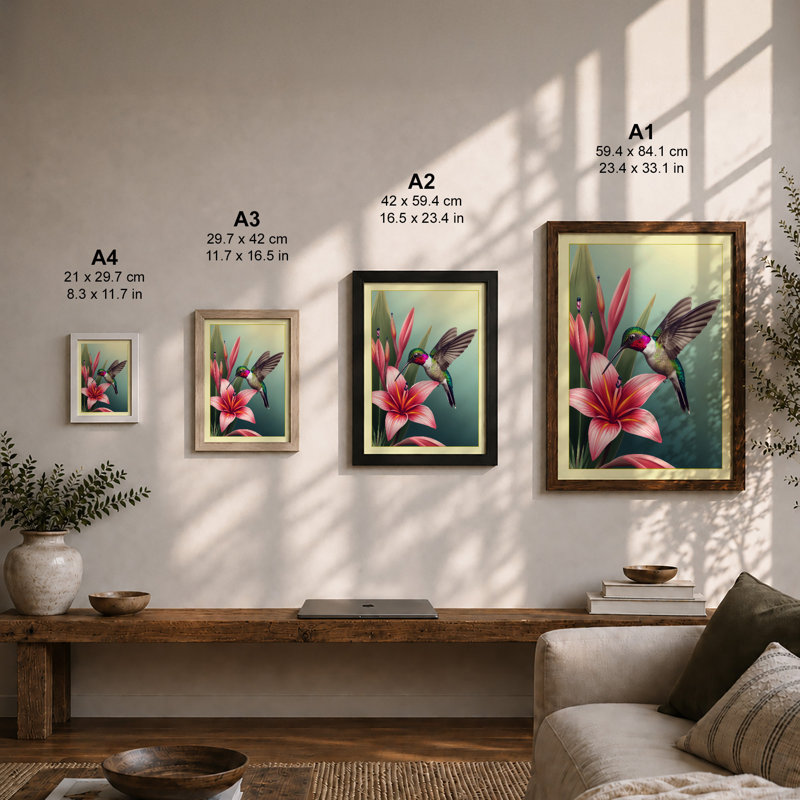 Hummingbird in Bloom Botanical - Framed Print, Walnut, A4 - 29.7 x 21.0 cm