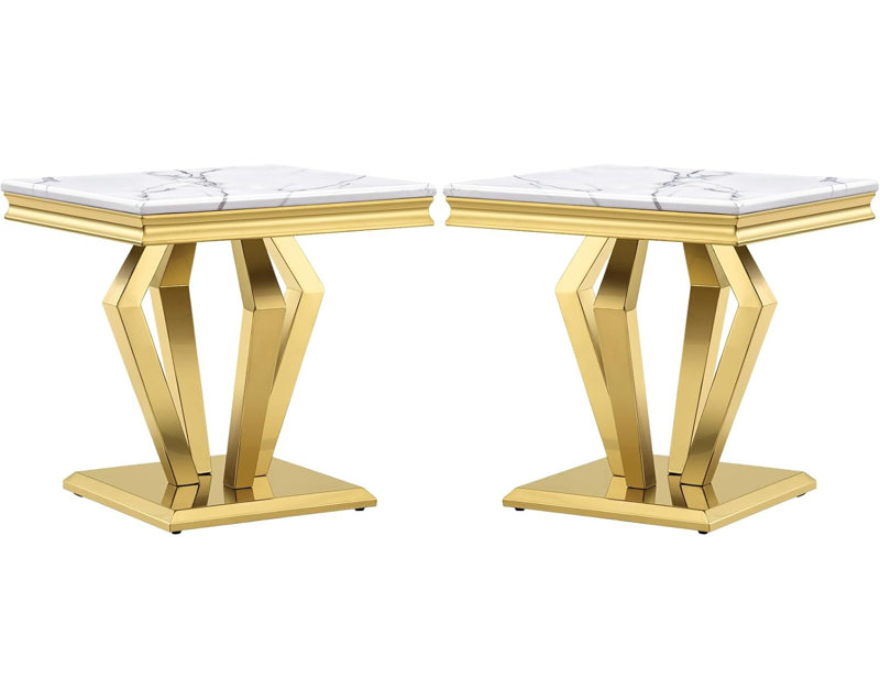 Ensemble de 2 tables de bout blanches et dorées avec base géométrique
