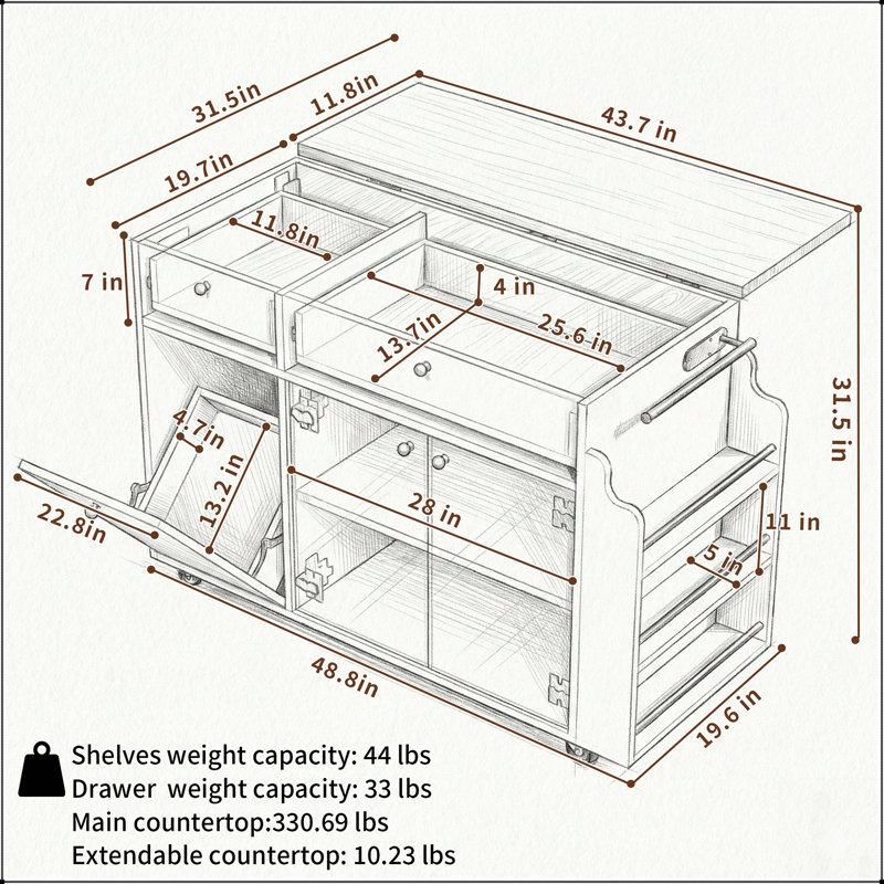 Chariot polyvalent pour îlot de cuisine avec plateau extensible, tiroirs de rangement, support à épices et barre à serviettes pour une fonctionnalité améliorée