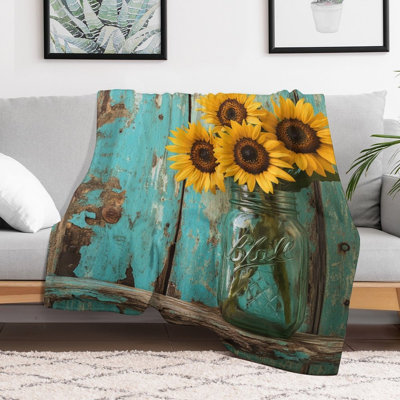 Jeté tournesols en pot Mason contre flanelle de luxe en bois, couverture douce et chaude pour le canapé-lit du salon