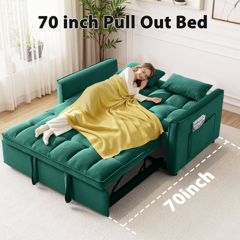 3 in 1 Convertible Sleeper Sofa Bed, 55" Pull Out Couches, Modern Loveseat Sleeper Sofa with Adjustable Reclining Backrest & Side Pockets for Living Room, Velvet Fabric, Green