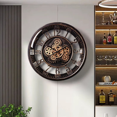 18.11"Vintage Gear Mechanism Black and Gold Metal Ironwork Digital Clock