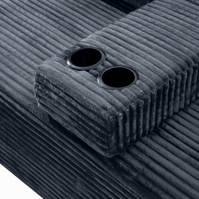 Canapé à compression 91,7 po sans pattes, velours côtelé moelleux avec porte-gobelets intégrés et poche de rangement latérale pour le salon