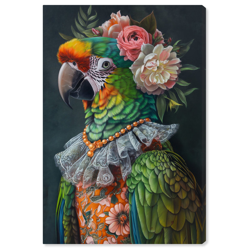 Colorful Parrot Portrait on Canvas with Floral Accents, 24" x 16"