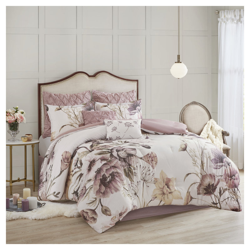 Ensemble d'édredon 8 pièces pour très grand lit californien Blush - Collection de literie à motif floral avec coussins décoratifs et jupe de lit