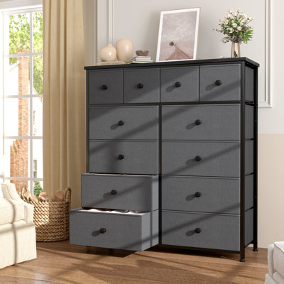 Commode pour la chambre Pekka avec 12 tiroirs de rangement spacieux, commodes avec plateau en bois et structure en métal