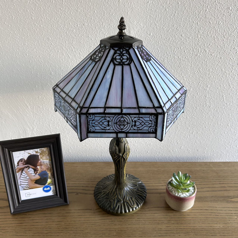 Sky Blue Hexagon Stained Glass Table Lamp with Bronze Base