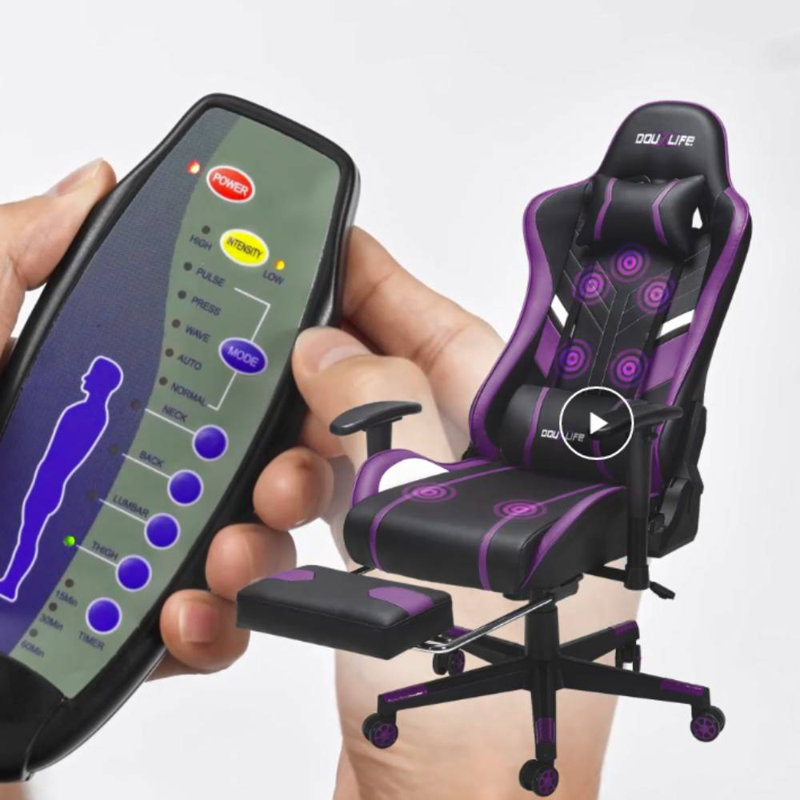 Fauteuil de jeu de massage amélioré à 7 points, chaise de bureau avec repose-pieds et soutien lombaire, dossier à coussins épais et élargis