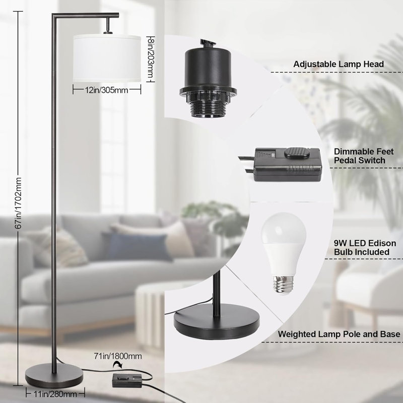 Floor Lamp For Living Room With 3 Color Temperatures Standing Lamp With Adjustable Beige Linen Lampshade Tall Lamps For Bedroom Office Classroom Dorm Room, 9W LED Bulb Included, Gold