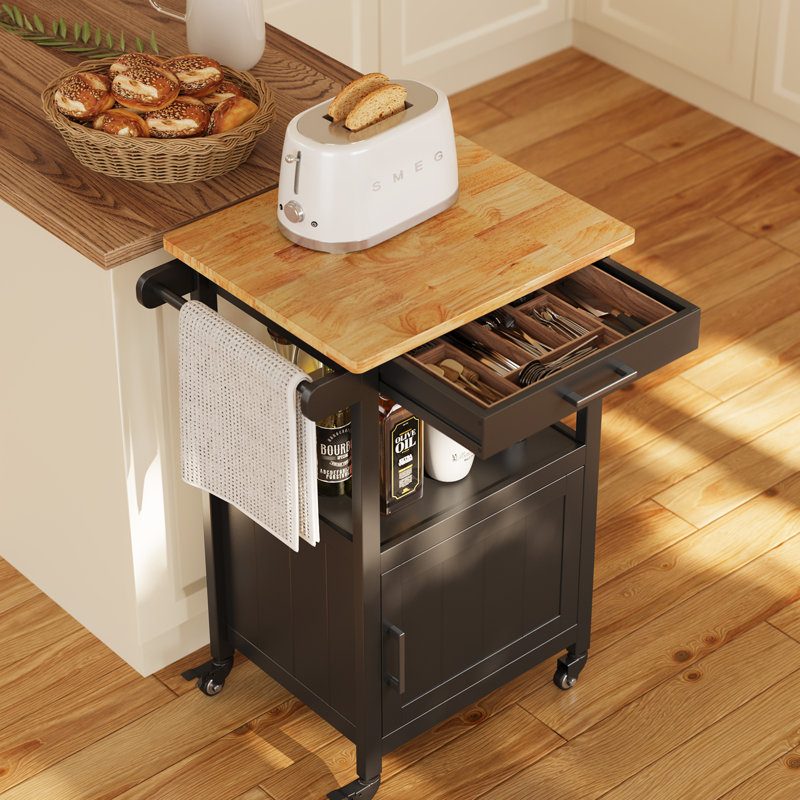 Wood Top Kitchen Cart with Open Storage Shelf, 1 Storage Cabinet, Wheels, 1 Drawer & Towel Rack, Black