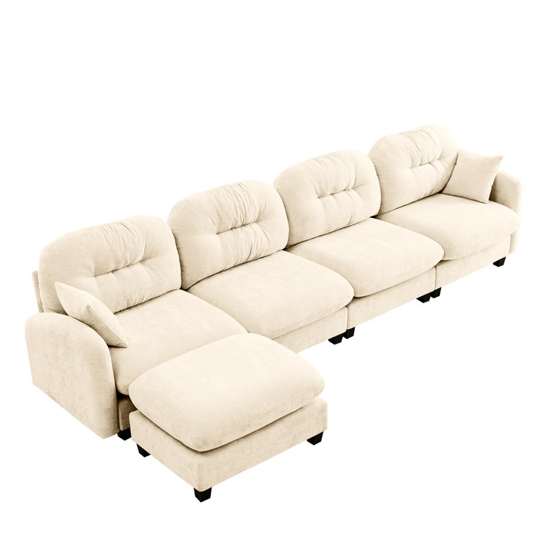 Modular Sectional L Shaped Couch With Ottoman, Beige Chenille