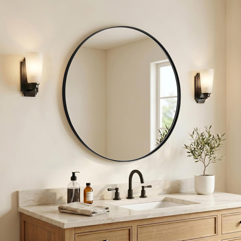 Miroir de salle de bain Kaitlee Cadre en acier inoxydable, Noir mat, 30 po x 30 po, Round