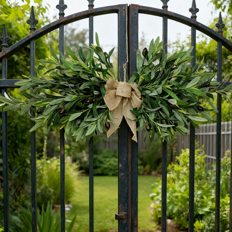 1 couronne d'olivier artificiel avec nœud en toile de jute, décoration murale feuille de vigne verte pour porte d'entrée et espaces intérieurs