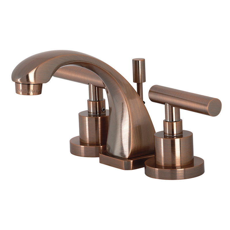 Kingston Brass Manhattan Two-Handle 3-Hole Deck Mount Widespread Bathroom Faucet with Brass Pop-Up Drain, Antique Copper