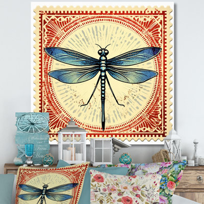 " Retro Stamp Illustration Of Blue Dragonfly "