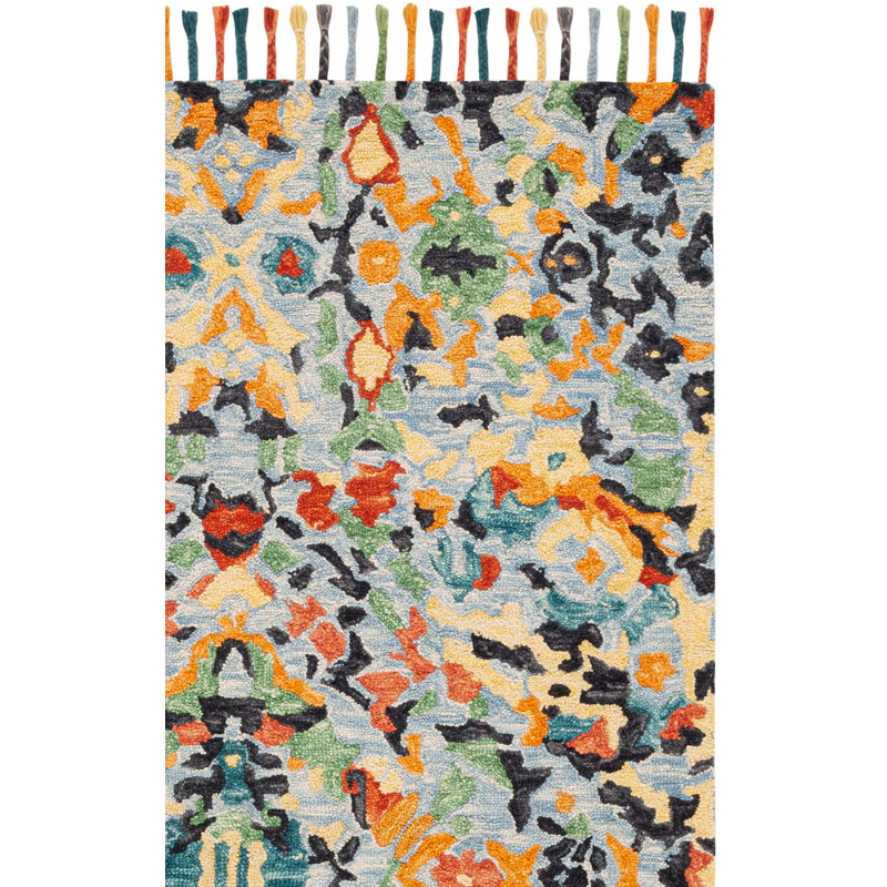Jahiem Hand-Knotted Wool Blue Area Rug, Rectangle 5' x 8'