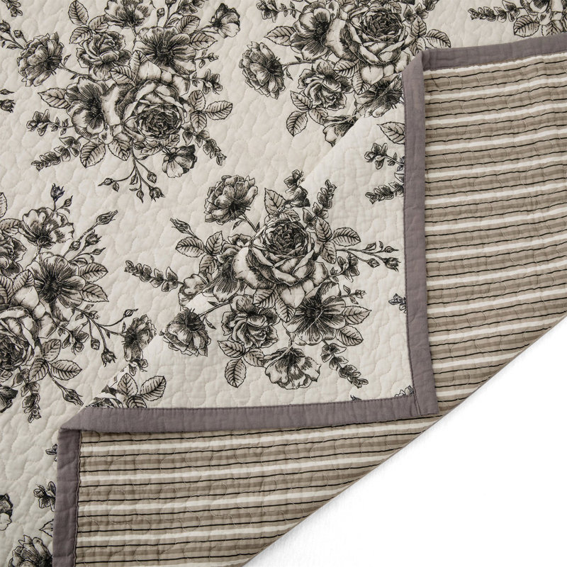 King Size White Cotton Reversible Quilt Set with Floral Print