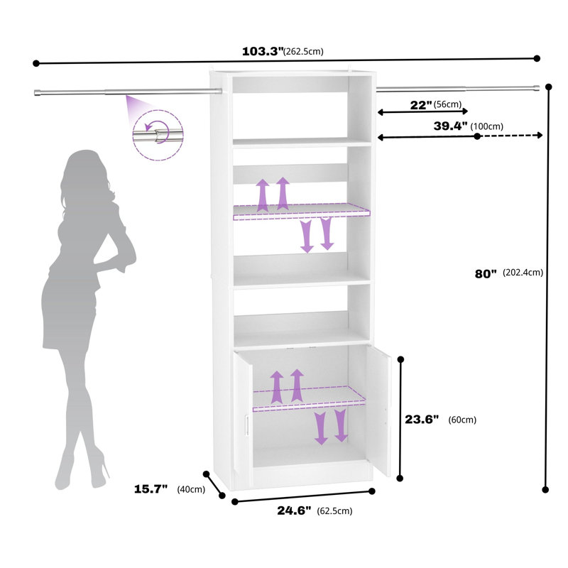 25" - 103" Closet System with Cabinets（Adjustable rod/clapboard）, White
